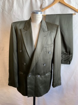 JOHN RAFAEL , Dk Olive Grn, Black, Polyester, 2 Color Weave, Double Breasted, Collar Attached, Peaked Lapel, 3 Pockets