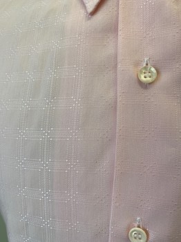 GOLDEN ERA, Pink, Polyester, Cotton, Solid, Plaid-  Windowpane, Pink Self Windowpane, Short Sleeves, Button Front, Collar Attached, 1 Pocket, Small Stain on Backside
