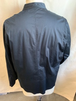 Mens, Casual Jacket, INC, Black, Cotton, Spandex, Solid, XXL, Mandarin/Nehru Collar with 2 Metal Snap Buttons, Black Lining Zip Front, 2 Pockets with Zipper, Long Sleeves with Oval Elbow Patch &  Zipper Cuffs, Horizontal Quilt 5" Back Hem