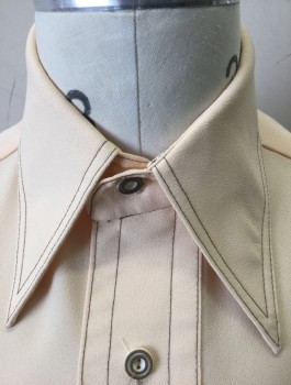 BRANFORD, Peach Orange, Polyester, Solid, Crepe De Chine, Brown Top Stitching, Short Sleeves, Button Front, Collar Attached, 2 Patch Pockets with Button Flap Closures,