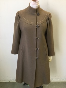 Womens, Coat, MAKYTA, Lt Brown, Wool, Solid, B 36, 5 Button & Loops, Stand Collar, Full Length, Scallop Embroidered Yoke, 2 Welt Pocket,