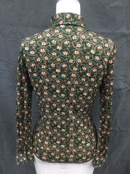 N/L, Dk Green, Orange, White, Polyester, Floral, Geometric, Dark Green with White/Orange Floral Pattern, Pointy Collar Attached, 1/4 Button Placket, Long Sleeves with Cuffs