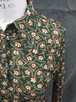 N/L, Dk Green, Orange, White, Polyester, Floral, Geometric, Dark Green with White/Orange Floral Pattern, Pointy Collar Attached, 1/4 Button Placket, Long Sleeves with Cuffs