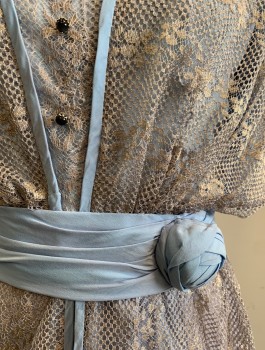 N/L, Powder Blue, Silver, Silk, Silver Floral Lace Over Opaque Powder Blue Silk, Short Flutter Sleeves, Square Neck with V Shaped Panel at Bust, 4 Decorative Black Buttons, Gathered Waistband with 3D Rosette at Side Waist, Peplum Detail at Waist, Floor Length, Center Back Zipper, Made To Order