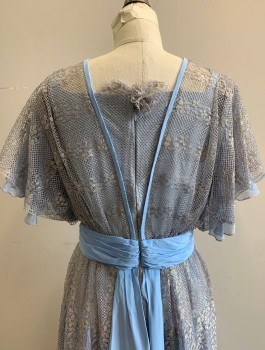 N/L, Powder Blue, Silver, Silk, Silver Floral Lace Over Opaque Powder Blue Silk, Short Flutter Sleeves, Square Neck with V Shaped Panel at Bust, 4 Decorative Black Buttons, Gathered Waistband with 3D Rosette at Side Waist, Peplum Detail at Waist, Floor Length, Center Back Zipper, Made To Order