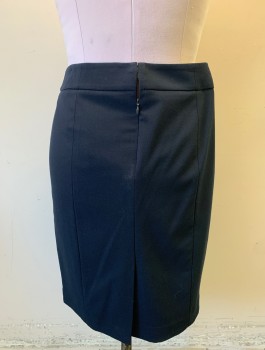 Womens, Skirt, Knee Length, CALVIN KLEIN, Navy Blue, Polyester, Rayon, Solid, Sz.8, Dark Navy, Pencil Skirt, 2" Wide Self Waistband, 1 Small Welt Pocket in Front, Invisible Zipper at Center Back