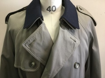 Mens, Coat, Trenchcoat, RALPH LAUREN, Taupe, Navy Blue, Cotton, Polyester, Solid, 40 S, Double Breasted, Collar Attached, 2 Pockets, Self Belt, Removable Liner, 2PC, Navy Wool Lined Collar, Epaulets,
