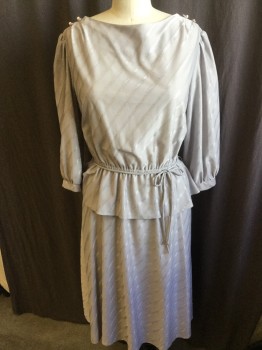 N/L, Gray, Silver, Polyester, Stripes - Diagonal , Round Wide Neck, 2 Pearl Buttons at Shoulder, 3/4 Sleeves, Thin Elastic Waist with Thin SELF Detachable Belt,