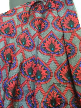 NORDSTROM, Gray, Red, Navy Blue, Black, Silk, Novelty Pattern, Spade Print, One Btn Surplice Front, Pleated Neck, Shoulder Pads, One Inverted CB Pleat, L/S