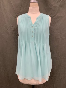 Womens, Top, CHARTER CLUB, Sea Foam Green, Polyester, Solid, 1X, Sheer Layer Over Knit Layer, 3 Button Placket, Band Collar, Sleeveless, Tuck Pleats, Knit Back with Gathers at Yoke