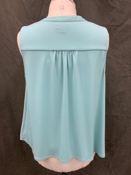 Womens, Top, CHARTER CLUB, Sea Foam Green, Polyester, Solid, 1X, Sheer Layer Over Knit Layer, 3 Button Placket, Band Collar, Sleeveless, Tuck Pleats, Knit Back with Gathers at Yoke