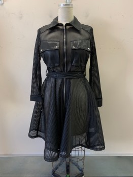 Womens, Dress, Long & 3/4 Sleeve, GILN, Black, Polyester, Faux Leather, Stripes, M, Sheer, C.A., Zip Front,  2 Flap Pockets,  Matching Fake Leather Belt