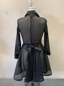 GILN, Black, Polyester, Faux Leather, Stripes, Sheer, C.A., Zip Front,  2 Flap Pockets,  Matching Fake Leather Belt