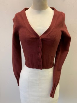 Womens, Cardigan Sweater, URBAN OUTFITTERS, Sienna Brown, Viscose, Polyester, Solid, XS, Knit, L/S, V-Neck, Cropped Length, Fitted