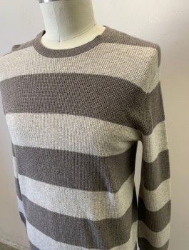 Mens, Pullover Sweater, BANANA REPUBLIC, Warm Gray, Taupe, Wool, Nylon, Stripes - Horizontal , L, Waffle Texture Knit, Long Sleeves, Crew Neck