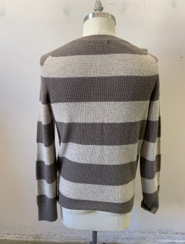 Mens, Pullover Sweater, BANANA REPUBLIC, Warm Gray, Taupe, Wool, Nylon, Stripes - Horizontal , L, Waffle Texture Knit, Long Sleeves, Crew Neck