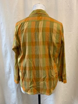 Mens, Shirt, DIRECTOR, Pumpkin Spice Orange, Pea Green, Khaki Brown, Poly/Cotton, Plaid, XL, Collar Attached, Button Front, Long Sleeves, Small Circle Self Pattern