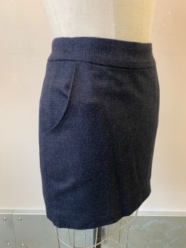 N/L, Charcoal Gray, Midnight Blue, Wool, 2 Color Weave, Mini Skirt, 2" Wide Self Waistband, 2 Curved Hip Pockets, Invisible Zipper at Side