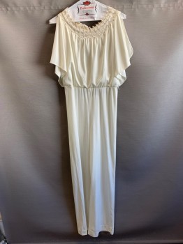 Womens, Jumpsuit, FREDERICK'S OF HOLLY, Off White, Polyester, Solid, W28, B34, Bateau/Boat Neck, S/S, Back Zipper, Elastic Waistband, *Makeup Stains at Collar and Water Stain By Right Waistband*