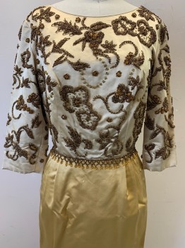 Womens, Evening Gown, NO LABEL, Gold, Champagne, Silk, Solid, W24, B32, H34, Mid Sleeves, Scoop Neck, Copper Beaded Leaves & Floral Detail, Beaded Tassels on Waist Band, Side Pockets, Back Slit, Back Zipper,