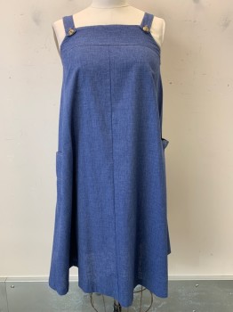 Womens, Dress, NO LABEL, Blue, Cotton, Solid, 16, Sleeveless, Denim Style, Straps with Buttons, Brown Stitching, Side Pockets