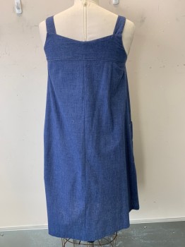 Womens, Dress, NO LABEL, Blue, Cotton, Solid, 16, Sleeveless, Denim Style, Straps with Buttons, Brown Stitching, Side Pockets