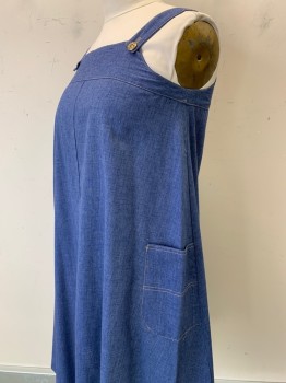 NO LABEL, Blue, Cotton, Solid, Sleeveless, Denim Style, Straps with Buttons, Brown Stitching, Side Pockets