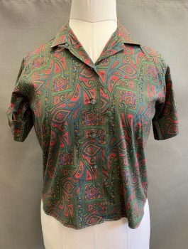 LADY SUTTON, Olive Green, Red, Blue, Cotton, Paisley/Swirls, Geometric, Short Sleeves with Folded Cuffs, Button Front, Collar Attached,