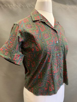 Womens, Blouse, LADY SUTTON, Olive Green, Red, Blue, Cotton, Paisley/Swirls, Geometric, B:36, Short Sleeves with Folded Cuffs, Button Front, Collar Attached,