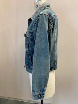 Mens, Jean Jacket, LEE RIDERS, Blue, Cotton, Solid, C:38, Aged, B.F., 2 Flap Pckt, C.A., Boxy, 3 Holes Left Sleeve