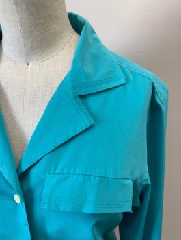 CHAUS PETITES, Turquoise Blue, Polyester, Solid, 3/4 Sleeves, Button Front, Chest Pockets With Flaps, Back Yolk With Box Pleat