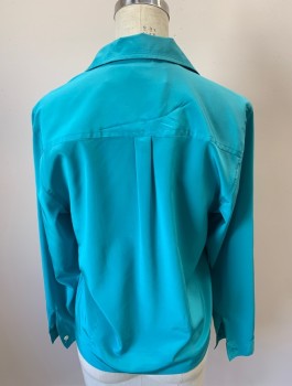 CHAUS PETITES, Turquoise Blue, Polyester, Solid, 3/4 Sleeves, Button Front, Chest Pockets With Flaps, Back Yolk With Box Pleat