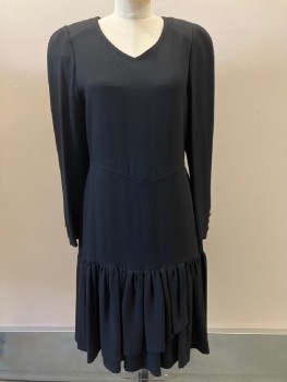 SONIA RYKIEL, Black, Acetate, Solid, V Neck, L/S, Ruched Flare Bottom, 3 Gold Buttons At Cuffs And Back Neck Open Back, Back Zipper