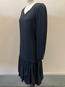 SONIA RYKIEL, Black, Acetate, Solid, V Neck, L/S, Ruched Flare Bottom, 3 Gold Buttons At Cuffs And Back Neck Open Back, Back Zipper