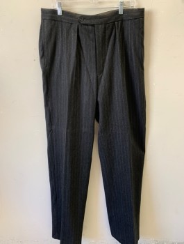 Mens, 1930s Vintage, Suit, Pants, N/L MTO, Charcoal Gray, Lt Beige, Wool, Stripes - Pin, I:37+, W:35+, Made To Order, Single Pleated, Button Tab, Button Fly, Belted Detail at Back Waist, 3 Pockets, Suspender Buttons at Inside Waistband