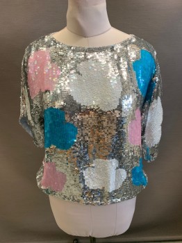 Womens, Evening Tops, NL, Silver Metallic, White, Cyan Blue, Pink, Silk, Color Blocking, M, All Over Sequins, Boat Neckline, 3/4 Sleeve , *Missing Sequins On Right Shoulder