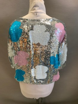 Womens, Evening Tops, NL, Silver Metallic, White, Cyan Blue, Pink, Silk, Color Blocking, M, All Over Sequins, Boat Neckline, 3/4 Sleeve , *Missing Sequins On Right Shoulder