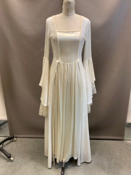 Womens, Historical Fiction Dress, LIP SERVICE, Off White, White, Synthetic, Solid, S, Velour/Satin, Full Length, Zip Back, Long Bell Sleeves With Lace, Embroidery Trim At Neck And Bodice, Renaissance Fantasy *small Tear At CB At Zipper End