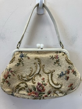 Womens, Purse, NL, Beige with Multi Color Floral Tapestry, Off White Handle Strap & Clam Shell Trim