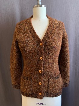 DEMOISELLE, Rust Orange, Multi-color, Acrylic, 2 Color Weave, CARDIGAN, V-N, Button Front, 2 Pockets, Tan, Rust, And Black