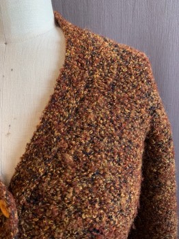 Womens, Sweater, DEMOISELLE, Rust Orange, Multi-color, Acrylic, 2 Color Weave, B36, CARDIGAN, V-N, Button Front, 2 Pockets, Tan, Rust, And Black