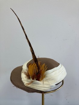 Womens, Hat, N/L, Brown, Cream, Orange, Feathers, Silk, Solid, Oval Cap With Bill, Ruched Band, Feather Embellishment