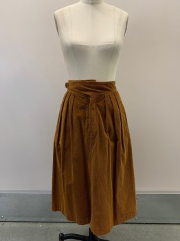 Womens, Skirt, LIZ CLAIBORNE, Caramel Brown, Cotton, Solid, W24, Below Knee Length, Pleated, Zip Front With Side Buckle, Side Pockets, Corduroy, A-Line