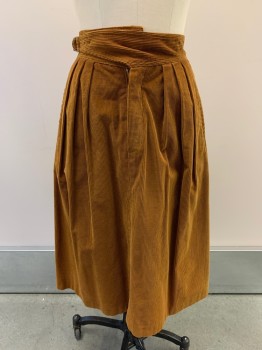 Womens, Skirt, LIZ CLAIBORNE, Caramel Brown, Cotton, Solid, W24, Below Knee Length, Pleated, Zip Front With Side Buckle, Side Pockets, Corduroy, A-Line