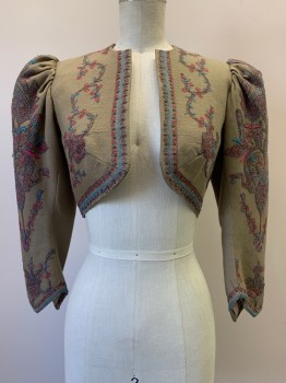 Womens, Jacket 1890s-1910s, NO LABEL, Dk Beige, Aqua Blue, Pink, Red, Cotton, Polyester, Paisley/Swirls, B32, Bolero Jacket, Long Puff Sleeves, Open Front, Embroiderred Detailing, Made To Order,