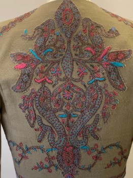 NO LABEL, Dk Beige, Aqua Blue, Pink, Red, Cotton, Polyester, Paisley/Swirls, Bolero Jacket, Long Puff Sleeves, Open Front, Embroiderred Detailing, Made To Order,