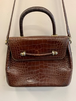 Womens, Purse, BALLY, Dk Brown, Leather, Reptile/Snakeskin, Crossbody, Long Strap, Top Handle, Flap Closure *Silver Grommet By Handle Is Loose*