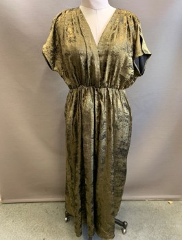 Womens, Dress, Short Sleeve, L'ACADEMIE, Gold, Cotton, Polyamide, Mottled, M, Lamé with Unusual Texture, Cap Sleeves with Slit at Shoulder Seam, Faux Wrap Dress with Surplice V-neck, Elastic Waist, Midi Length