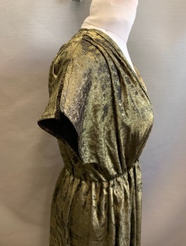Womens, Dress, Short Sleeve, L'ACADEMIE, Gold, Cotton, Polyamide, Mottled, M, Lamé with Unusual Texture, Cap Sleeves with Slit at Shoulder Seam, Faux Wrap Dress with Surplice V-neck, Elastic Waist, Midi Length