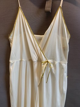Womens, Jumpsuit, Flair, Cream, Gold, Nylon, Solid, W31, B32, H36, Spaghetti Strap, V Neck, Crossover, Gold Trim and Waist Tie,